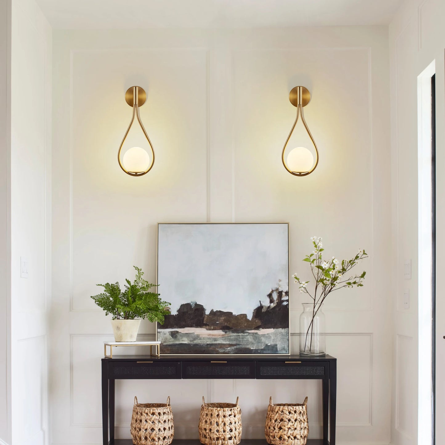 Set of 2 Modern Golden Wall Sconces with Opal Glass Globe, Luxury Wall Lights for Bedroom, Living Room