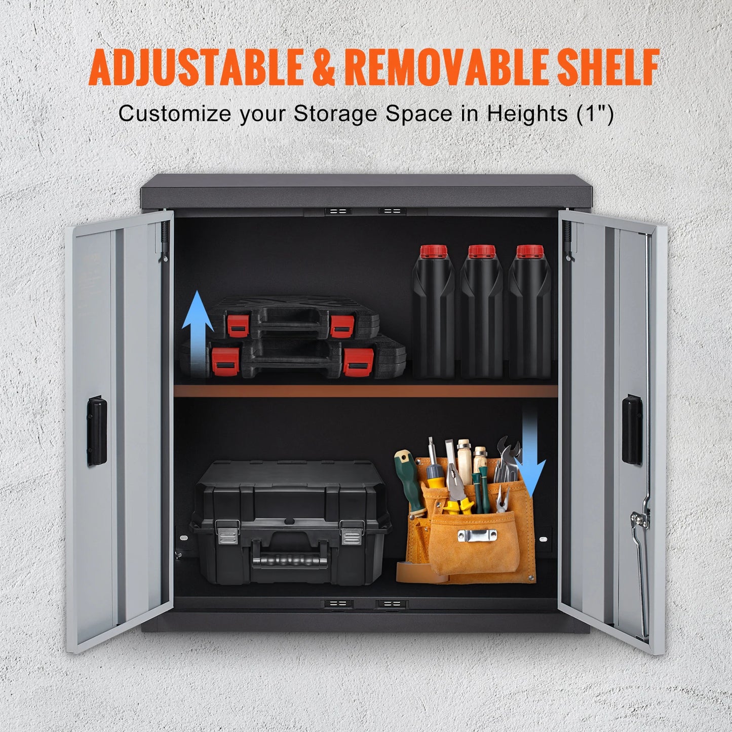 Metal Garage Cabinet with Mounted Tool Chest, Adjustable Shelf and Magnetic Door