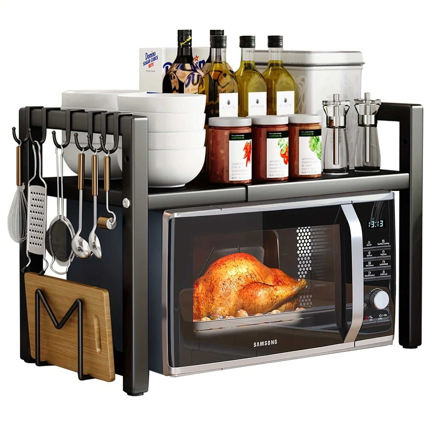 Adjustable Microwave Shelf (16"–25") – Expandable Kitchen Rack with 6 Hanging Hooks