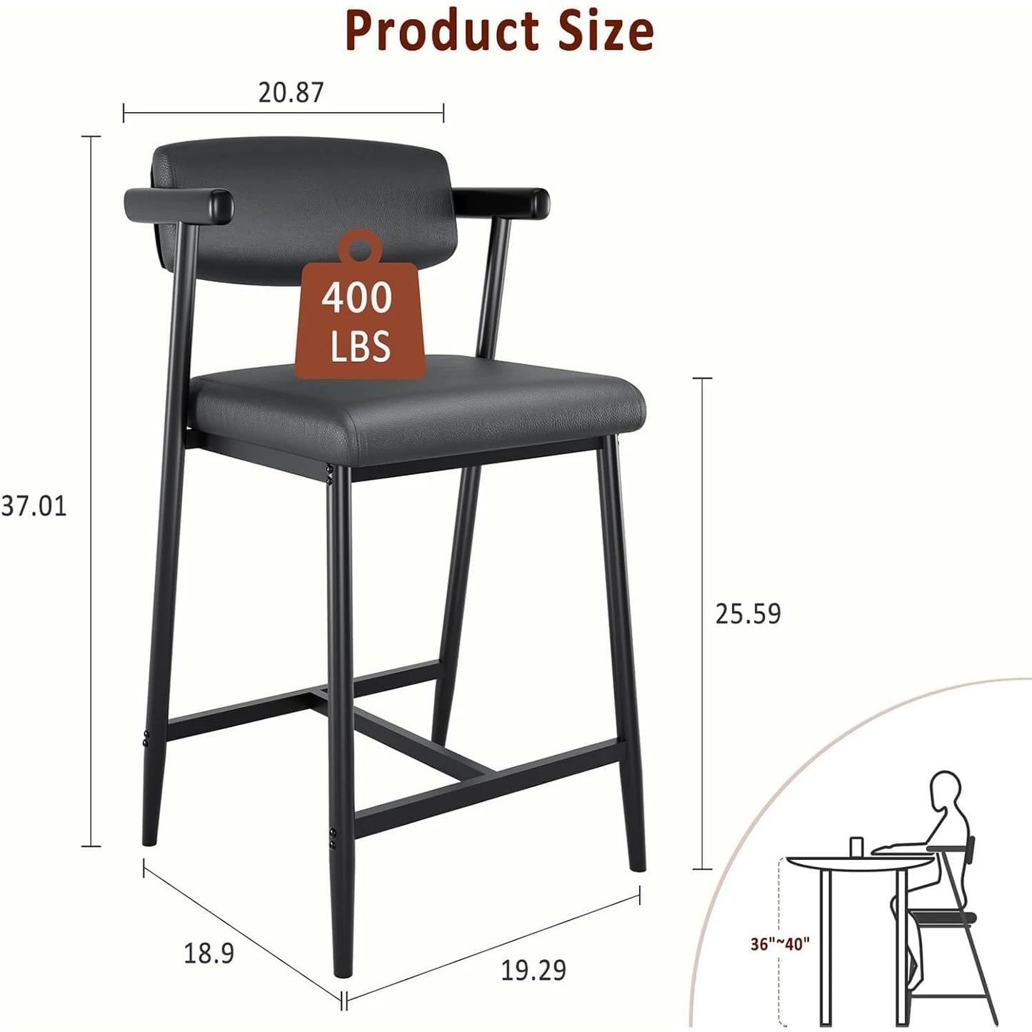 Modern Bar Stools (2-Pack) – Upholstered Wide‑Seat Stools with Backrest & Footrest