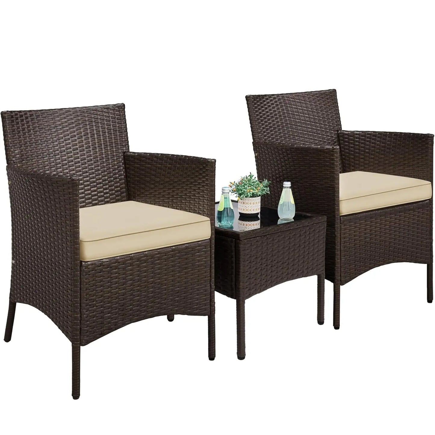 3-Piece Outdoor Patio Set: Rattan Chairs, Cushions, & Glass Top Table