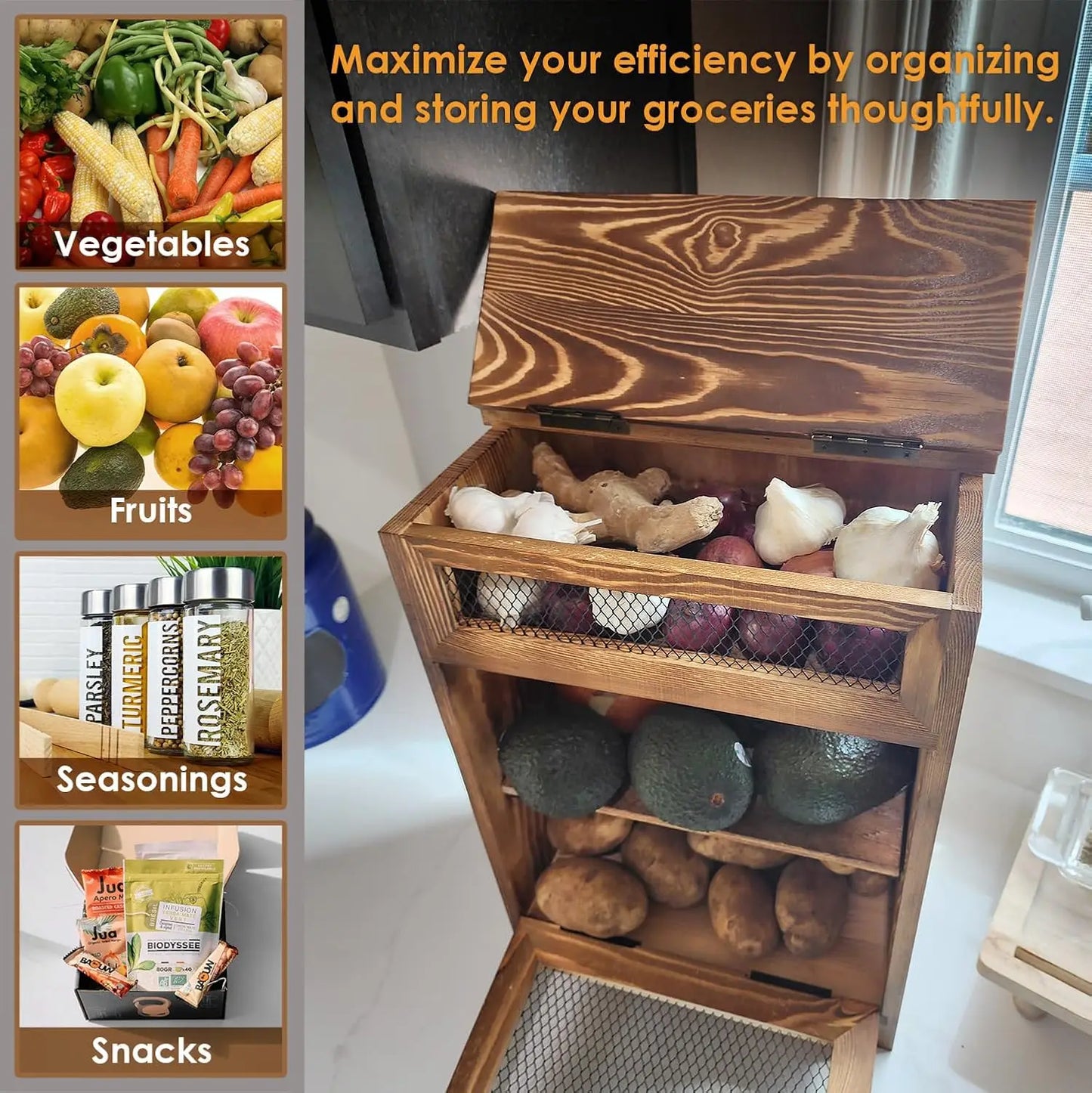Wooden Countertop Storage Bin for Potatoes Onions Bread, Rustic Oak Finish, 11.8x6.8x16 Inches
