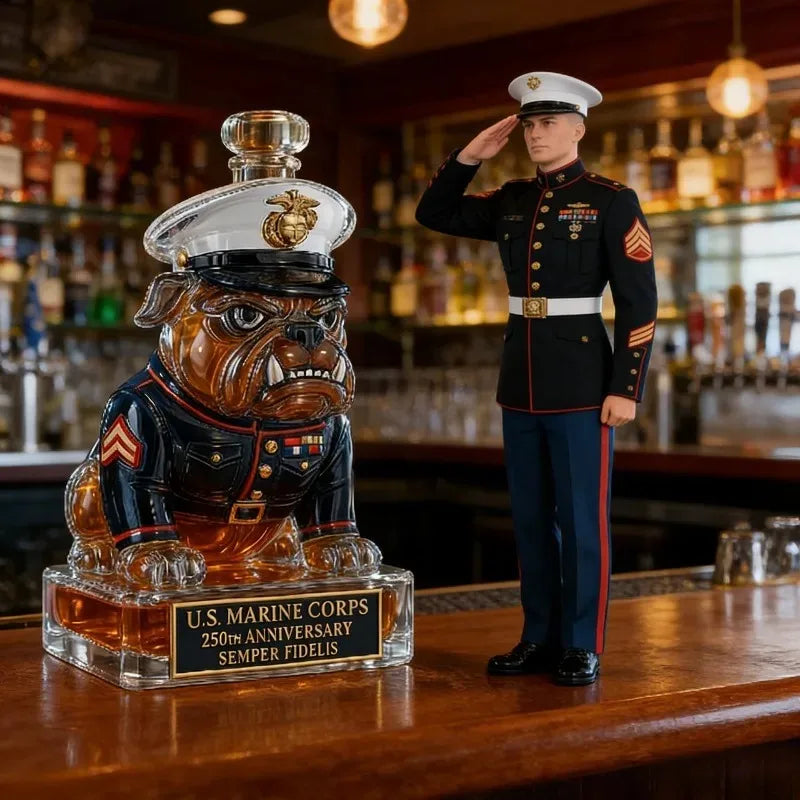 250th Anniversary U.S. Military Bulldog Whiskey Decanter, Army Themed Glass Liquor Bottle for Bar Decor & Veteran Gifts