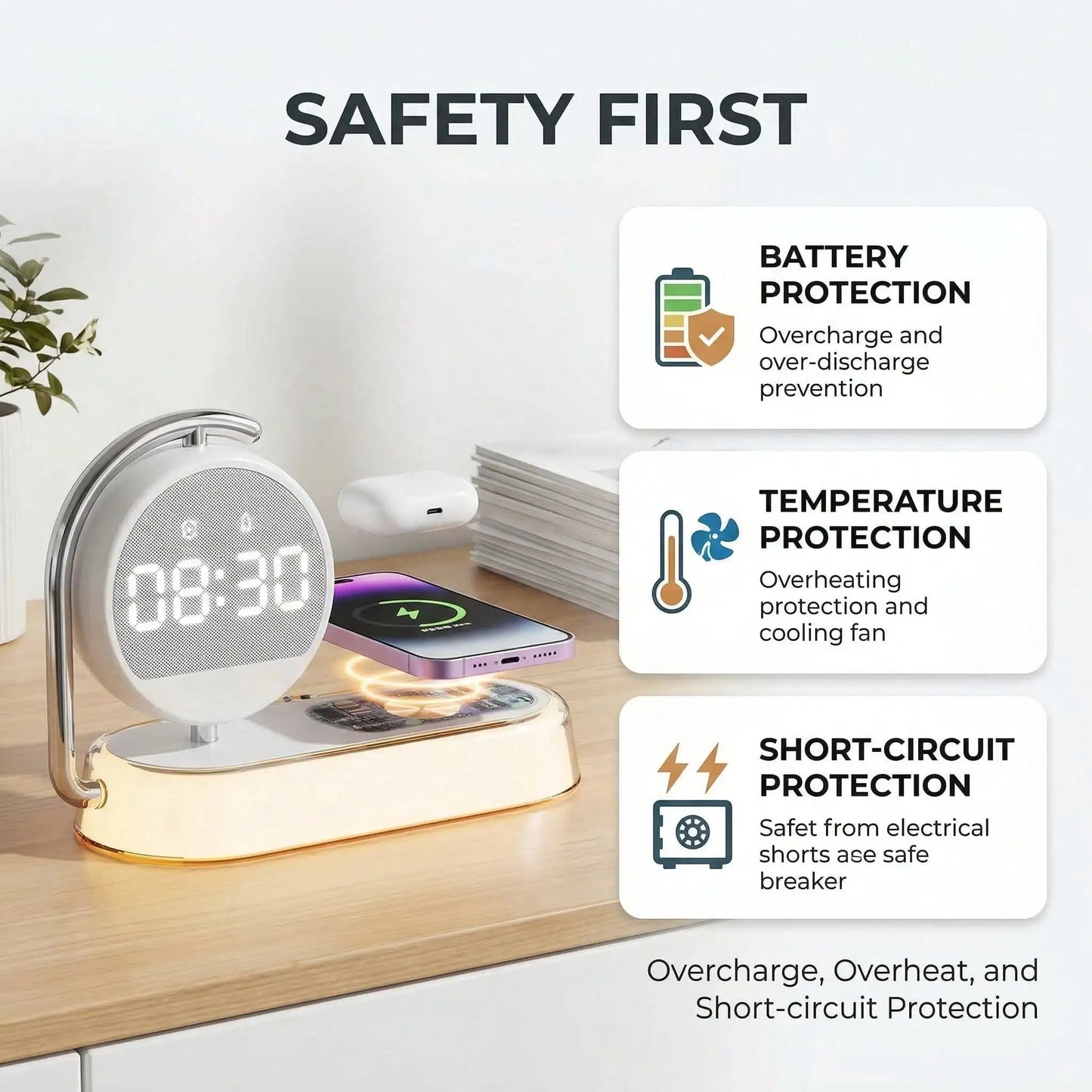 5-in-1 Minimalist Charging Station – Smart Bedside Alarm Clock & Night Light