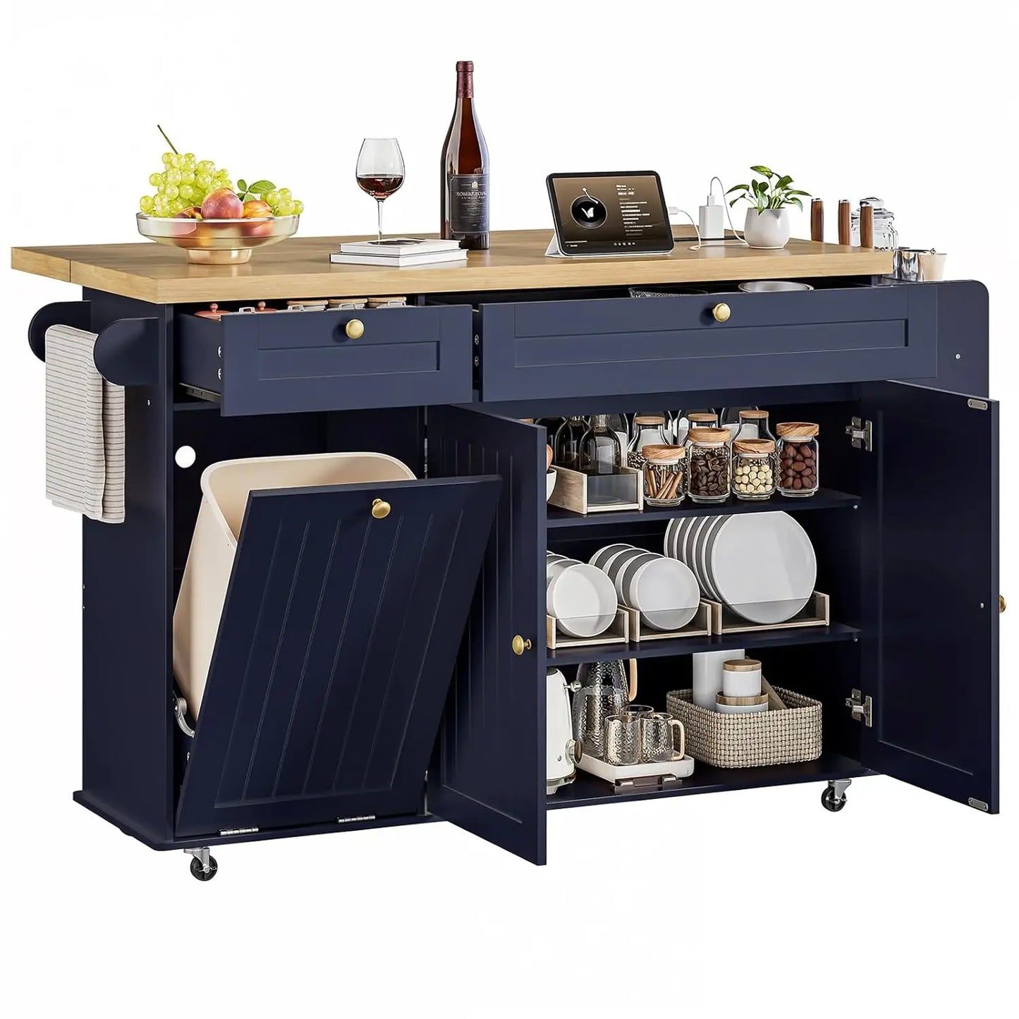 60" Kitchen Island with Power Outlet & Drop Leaf, Rolling Kitchen Island with Spice Rack, Towel Rack & Knife Slot