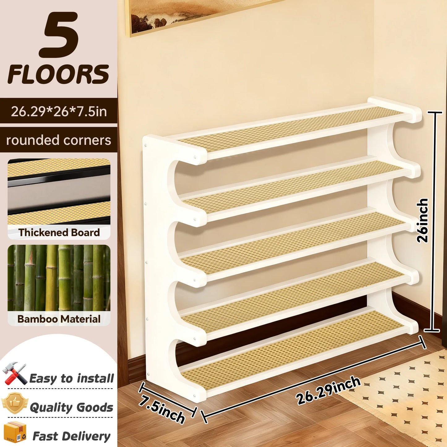 A five-tier heavy-duty bamboo shoe rack and storage shelf. Available in three colors.