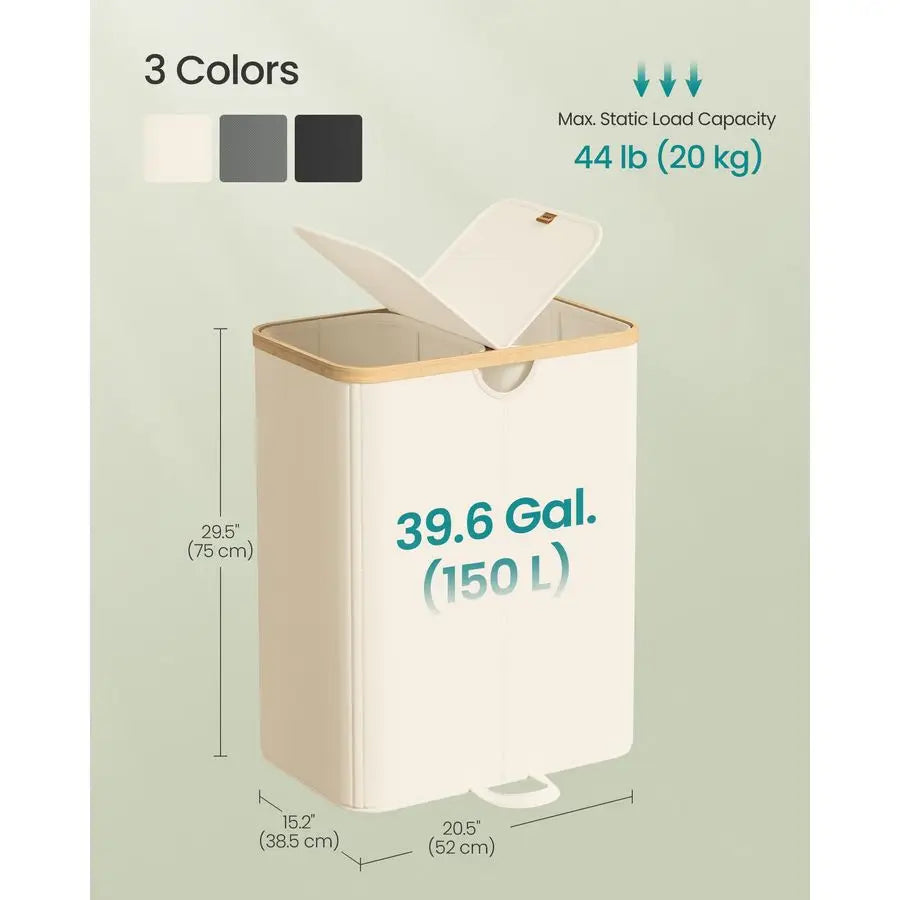 Laundry Basket with 2 Compartments, 39-Gal, Removable Liner Bag, for Laundry Room, Bedroom