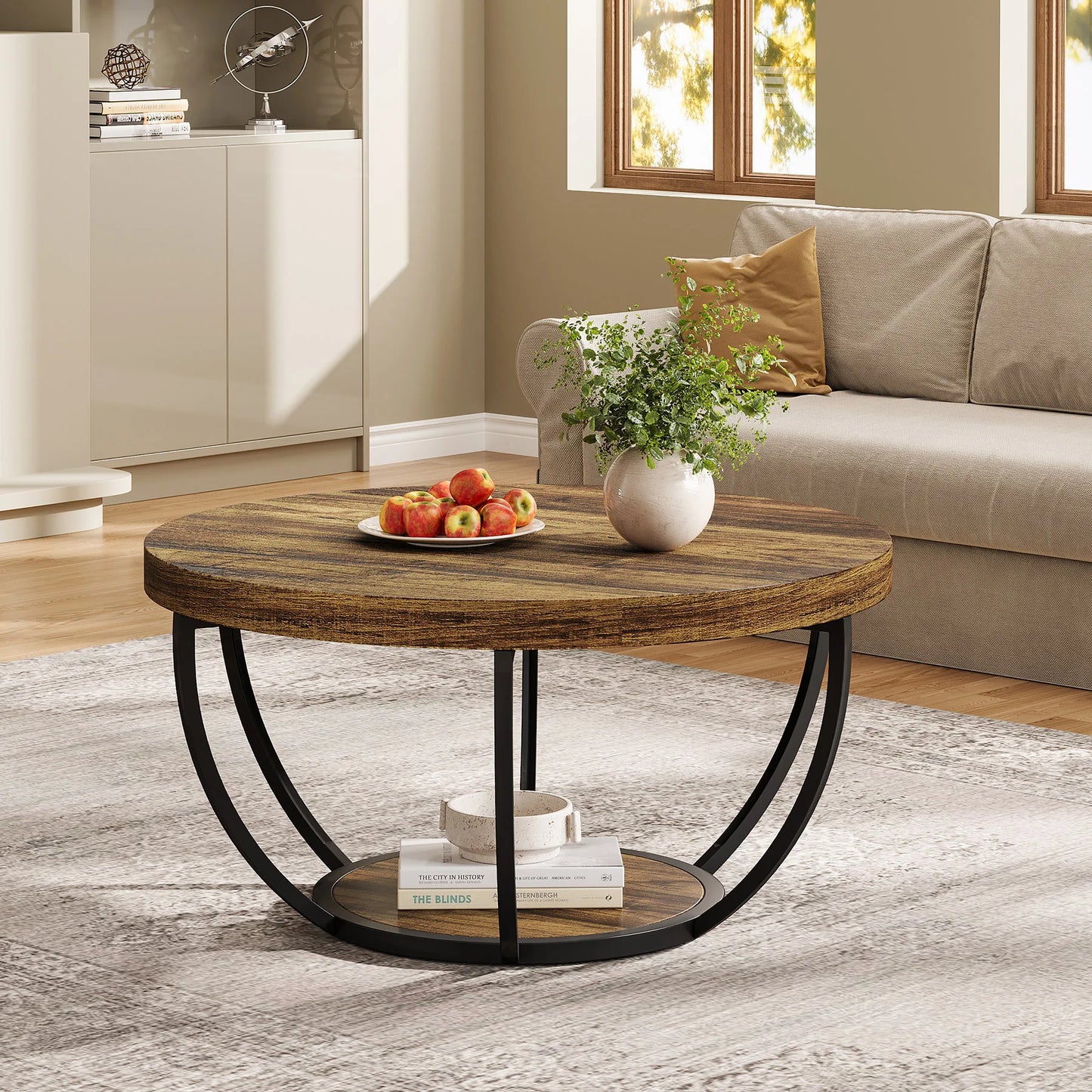 31" Round Coffee Table, Industrial 2-Tier Table with Storage Shelves