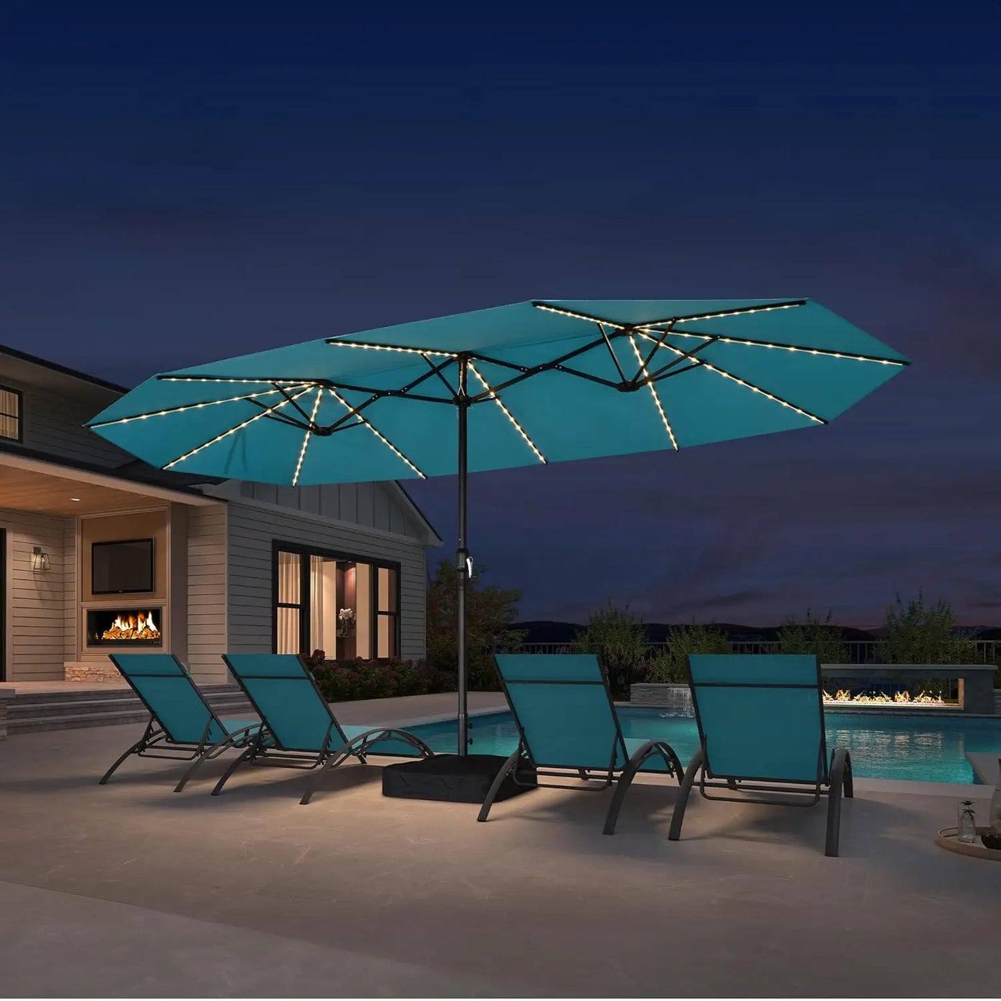 15ft Patio Market Umbrella with Solar LED and Base Double-Sided Rectangle Outdoor Table Sun Umbrellas with Crank