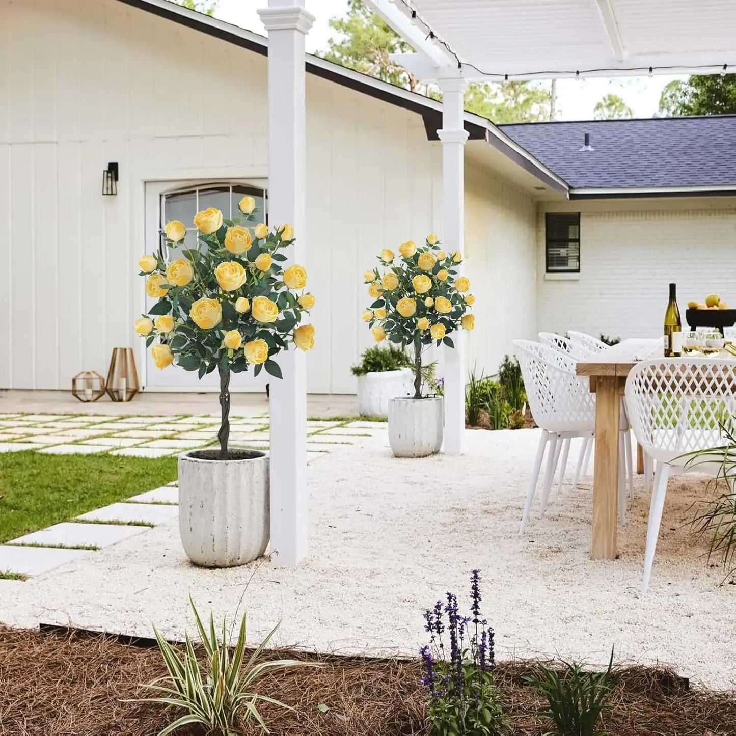 4FT Artificial Yellow Rose Tree – Set of 2 Faux Floral Trees with 52 Blooming Flowers for Home, Porch & Yard Décor