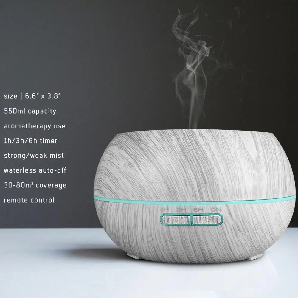 Wood Grain Essential Oil Diffuser & Humidifier, Remote Control, 7 LED Mood Lights, Aromatherapy for Home Wellness