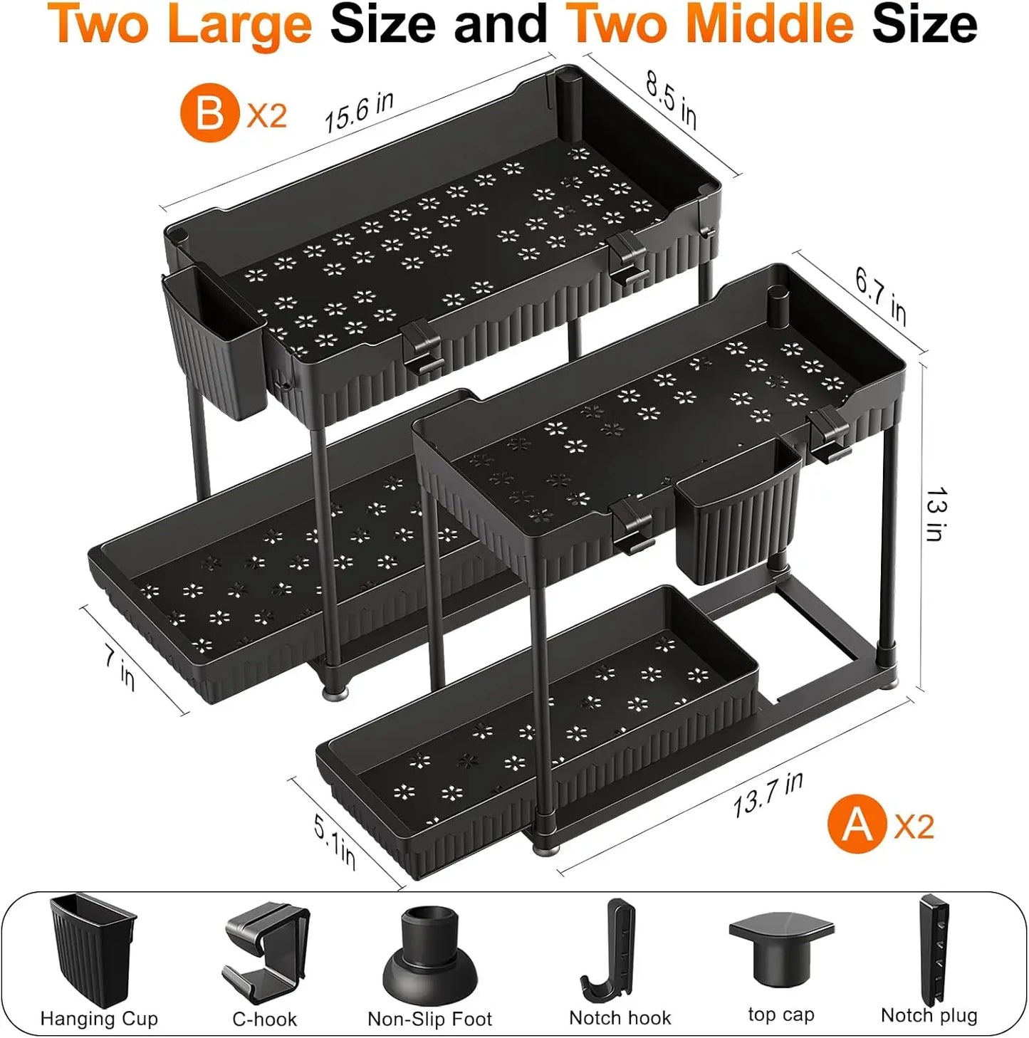 4 Pack Under Sink Organizer, 2-Tier Pull-Out Cabinet with Hooks & Cups (Black)