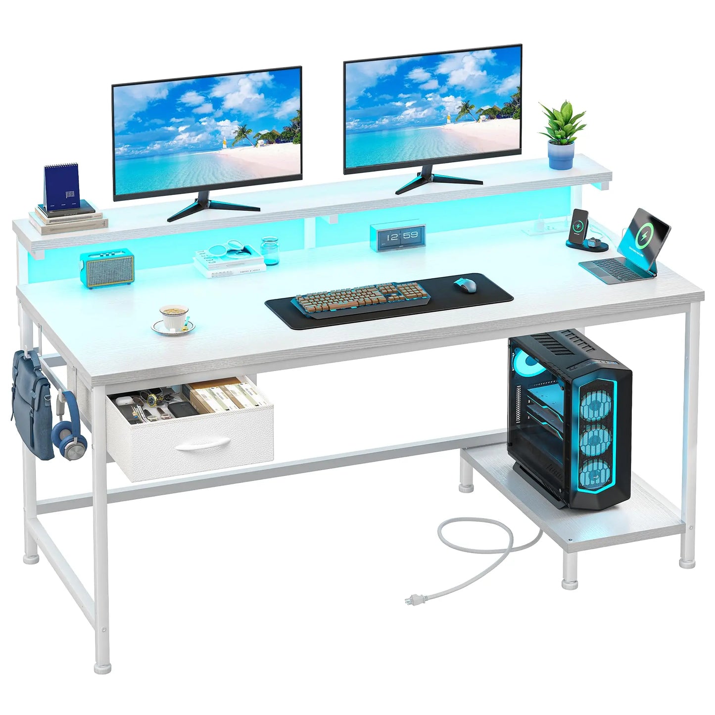 47" Office Desk with Power Outlet & Ergonomic Monitor with CPU Stand & LED Lights