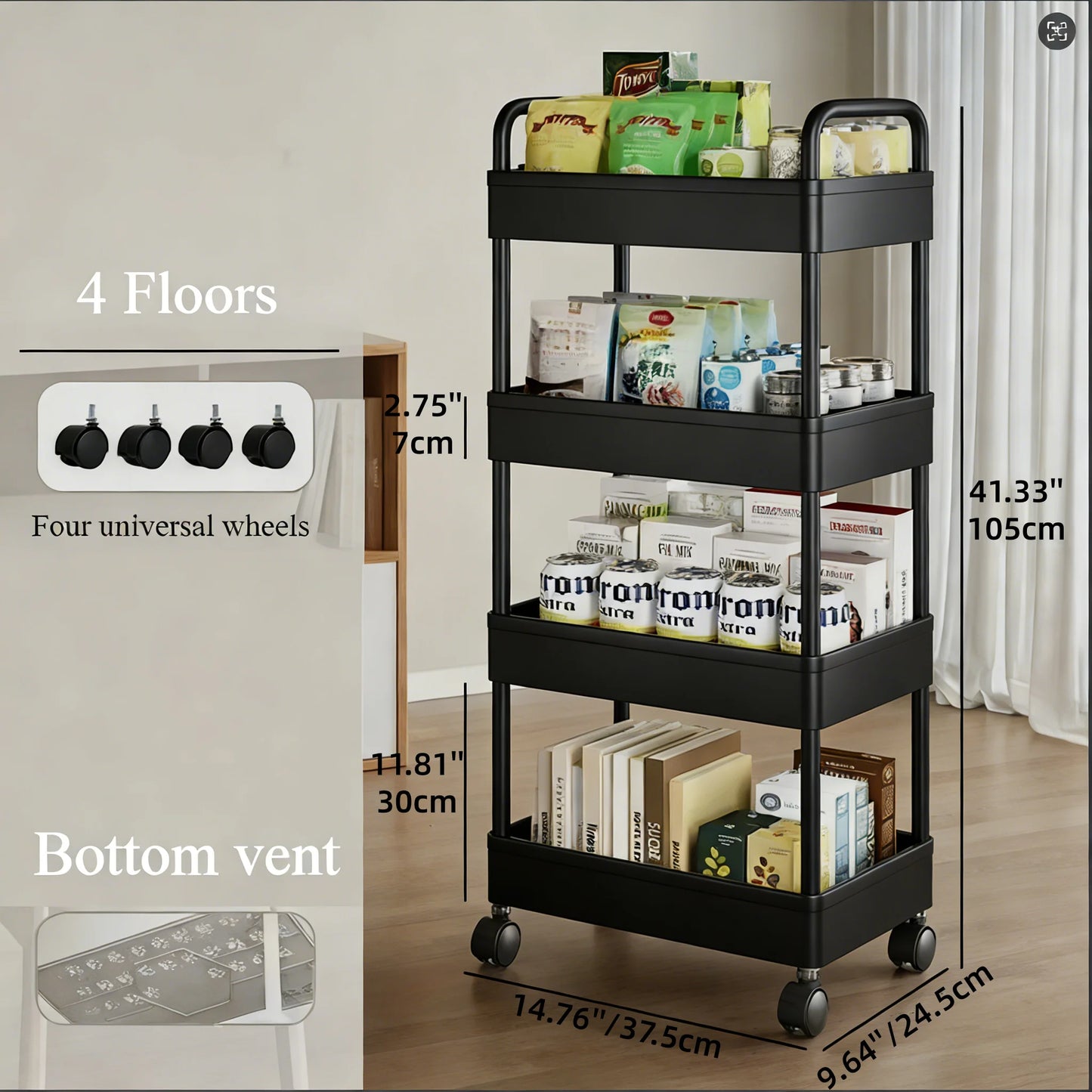 3/4‑Tier Multi‑Functional Rolling Cart – Large‑Capacity Mobile Storage Trolley with Wheels for Kitchen, Bathroom & Bedroom
