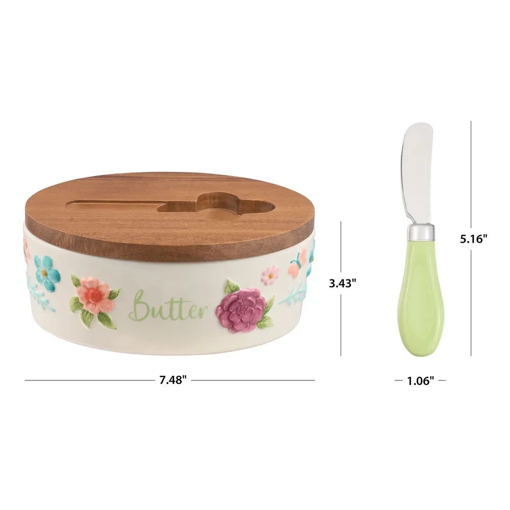 Painted Meadow Butter Dish Set – Floral Embossed Stoneware with Acacia Wood Lid & Metal Knife