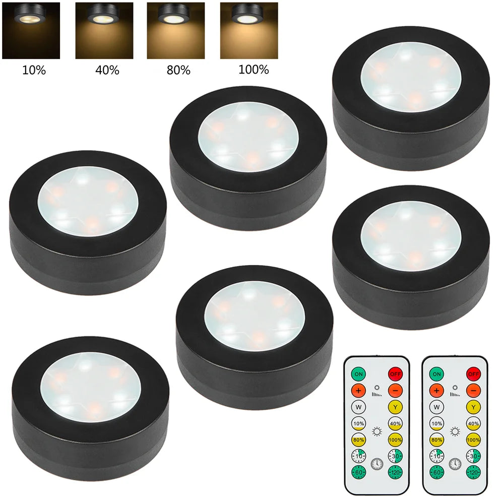 6-Pcs Black Round LED Under Cabinet Closet Light, Dimmable, Remote Control
