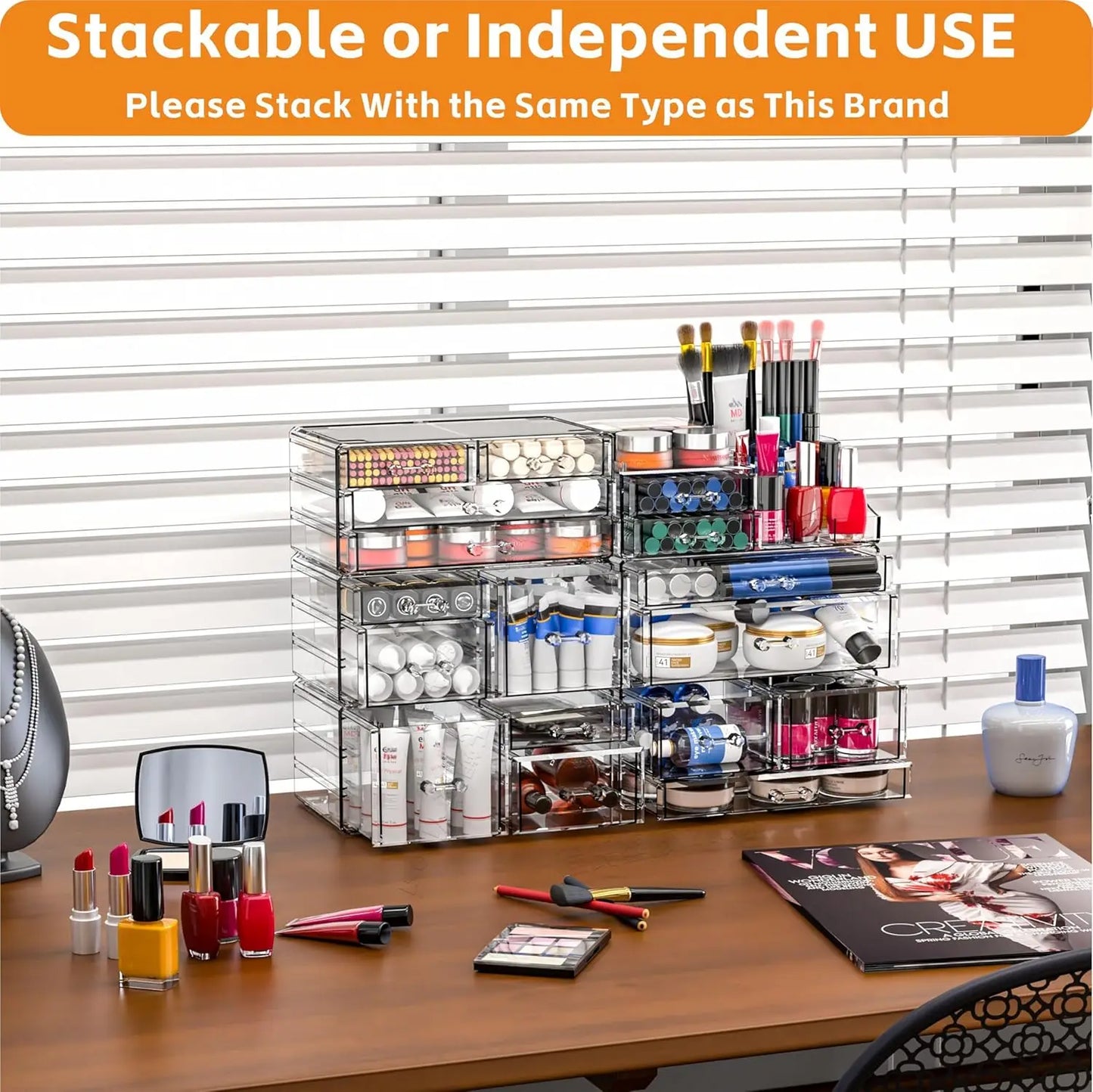 8-Drawer Clear Acrylic Makeup Organizer with Stackable Design