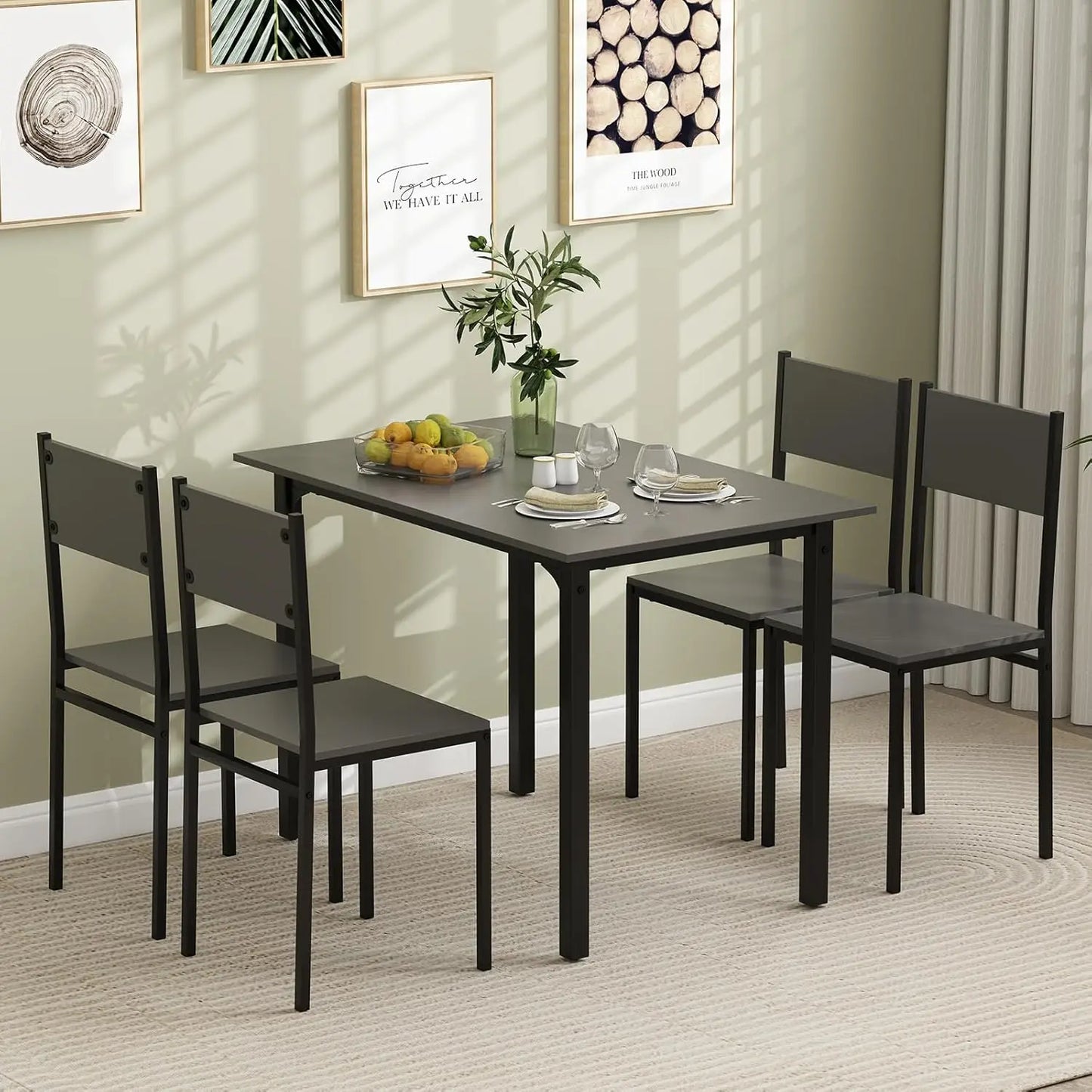 5-Piece Dining Table Set - Table and 4 Chairs with Backrest and Metal Frame