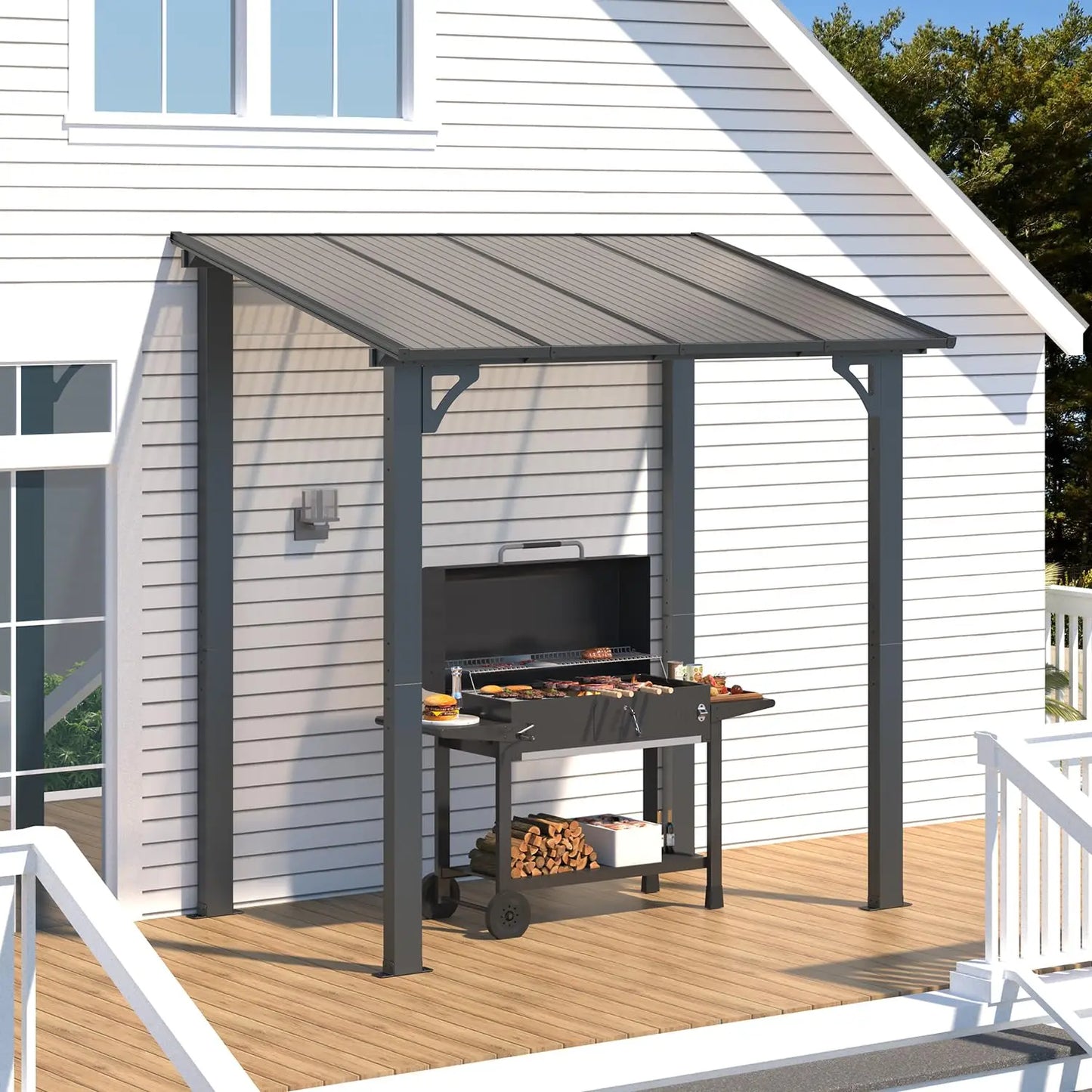 Lean-to Hardtop Grill Gazebo Shelter with Roof, Wall-Mounted Heavy Duty Awning for Patio, Deck, or Outdoor BBQ