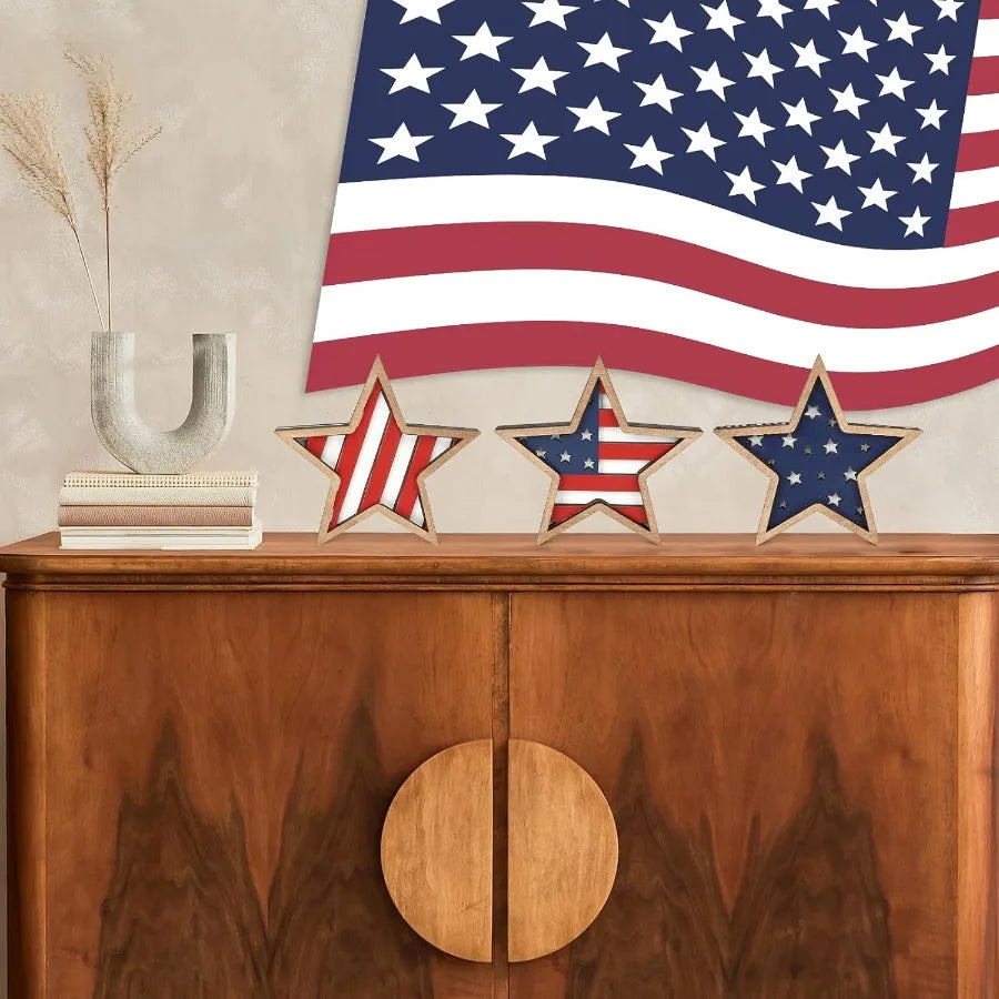 4th of July Wooden Tiered Tray Décor – Set of 3 Patriotic Red, White & Blue Pieces