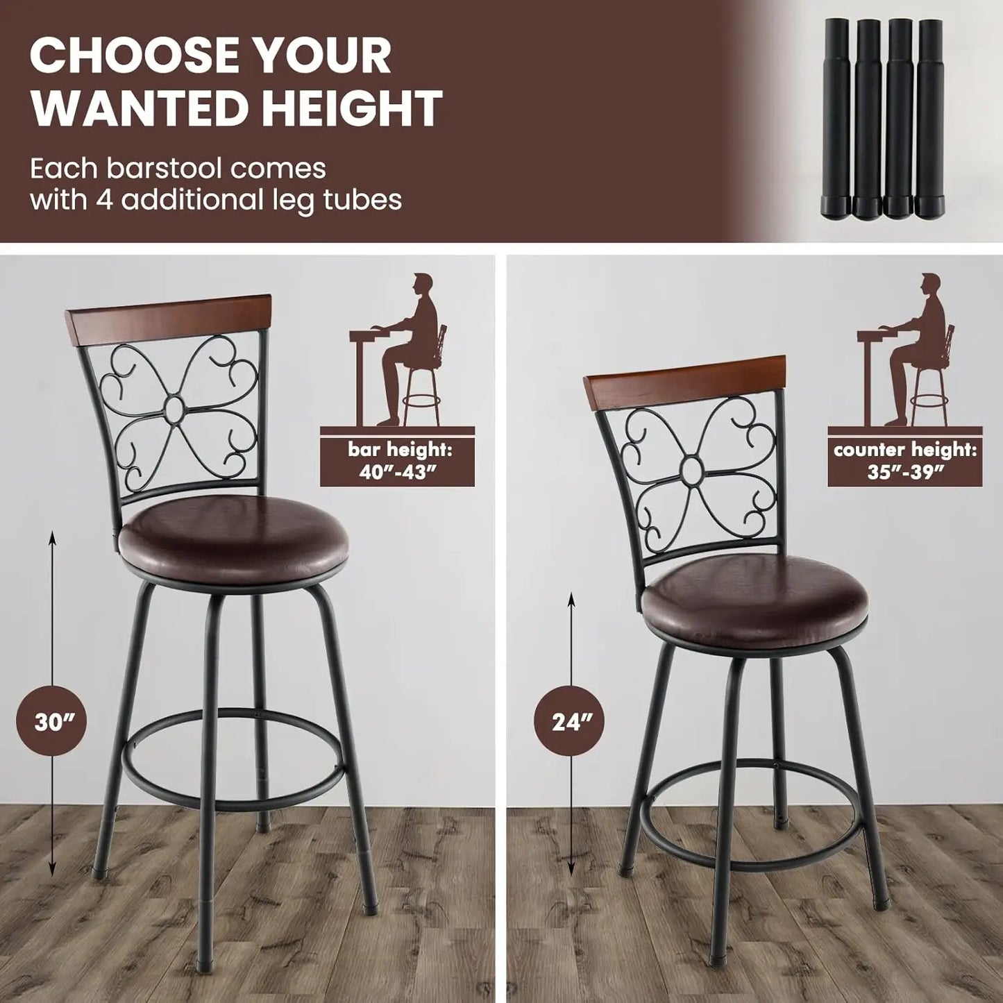 Bar Stools 24 to 30 Inch Adjustable Seat Height, Swivel Set of 4, Cushioned Seat