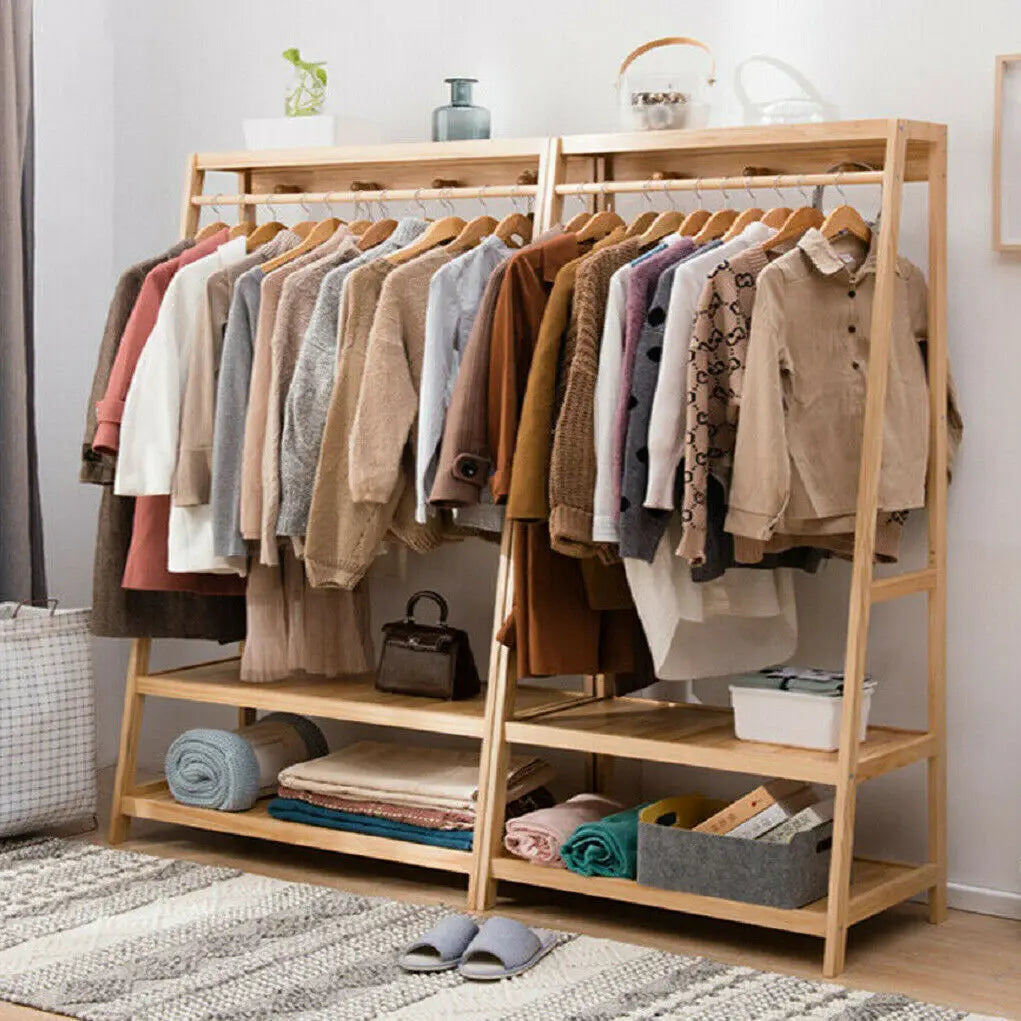 Bamboo Clothes Stand/Rack with 3 Tiers and Storage Shelves