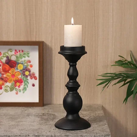Nordic Statuesque Pillar Candle Holders – Matte Black Metal Accent Set (Sold Individually or Set of 3)
