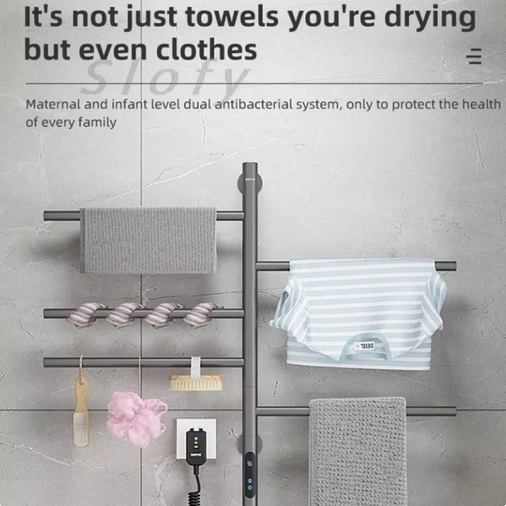 Electric Heated Towel Rack, Wall Mounted, 5 Bars Built-in Timer, Plug-in