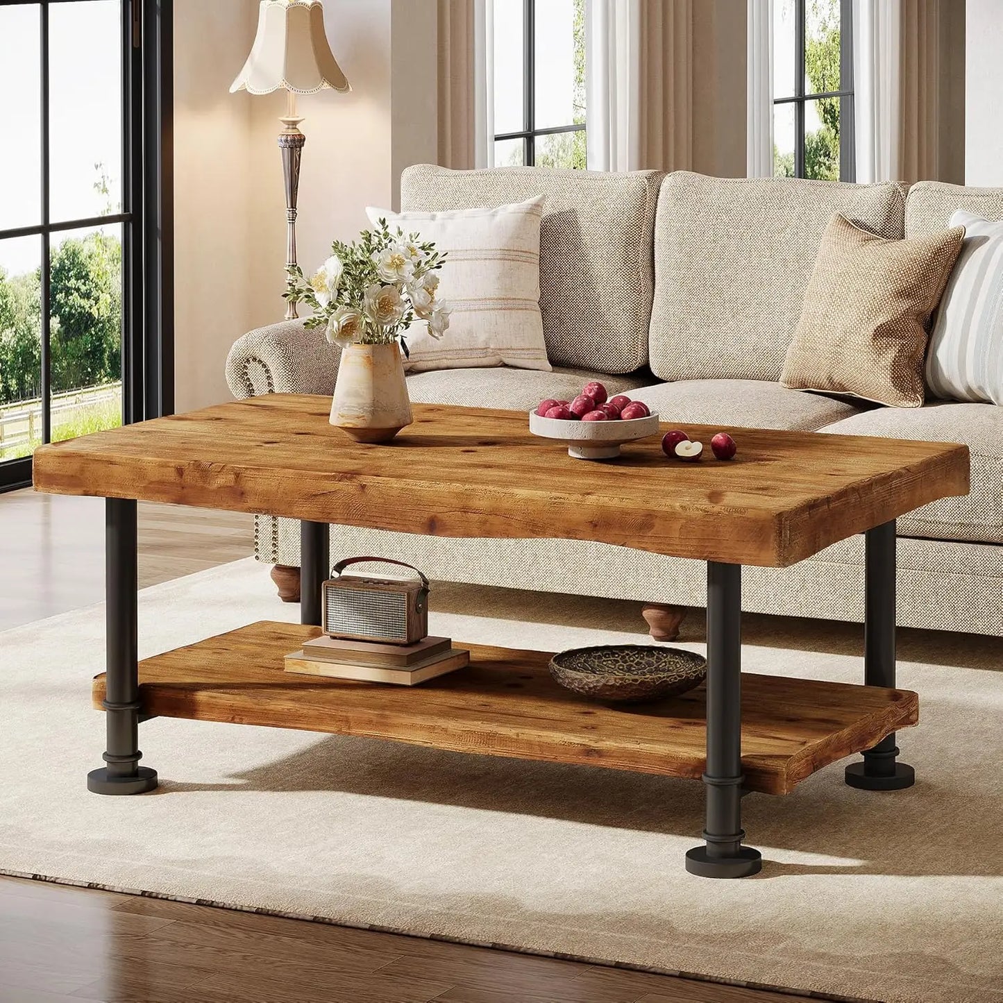 47" Coffee Table, Farmhouse Solid Wood Accent Center Table with 2-Tier Live Edge Shelf & Metal Legs, Rectangular