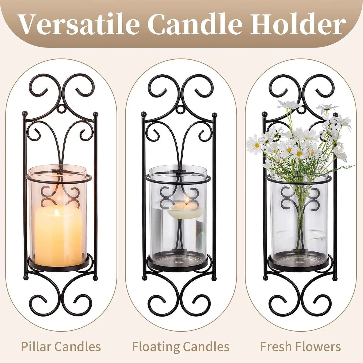 Set of 2 Black Candle Holders for Pillar Candles