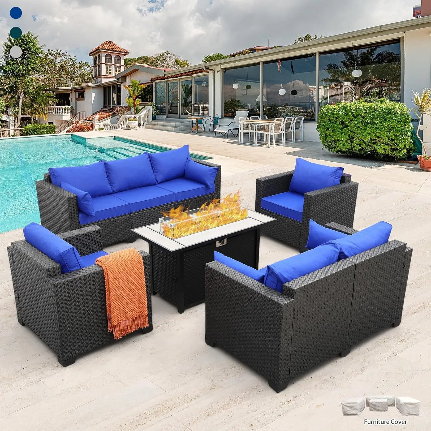 Patio Furniture Set with 45" Fire Pit, Patio Couch, Outdoor Chairs, 60000 BTU
