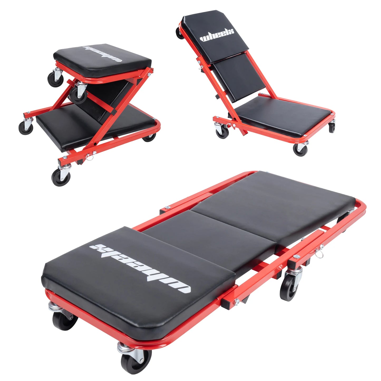 3-in-1 Rolling Mechanic Creeper Z Seat, Foldable, Red Black