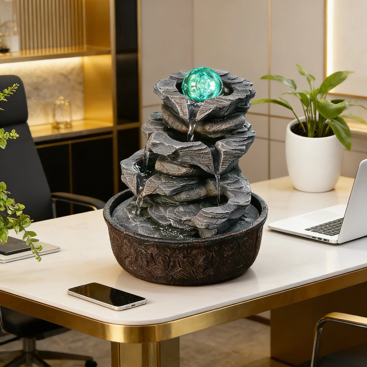 Four-Layer Resin Fountain, 10" Tabletop Waterfall Fountain with LED-Lit Rock Layers, Resin Fountain for home/Office Decor