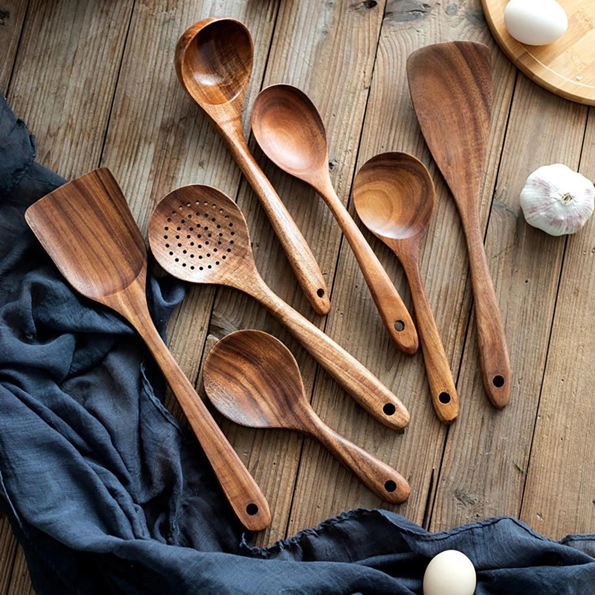 Wood Kitchenware Cooking Set With storage bucket