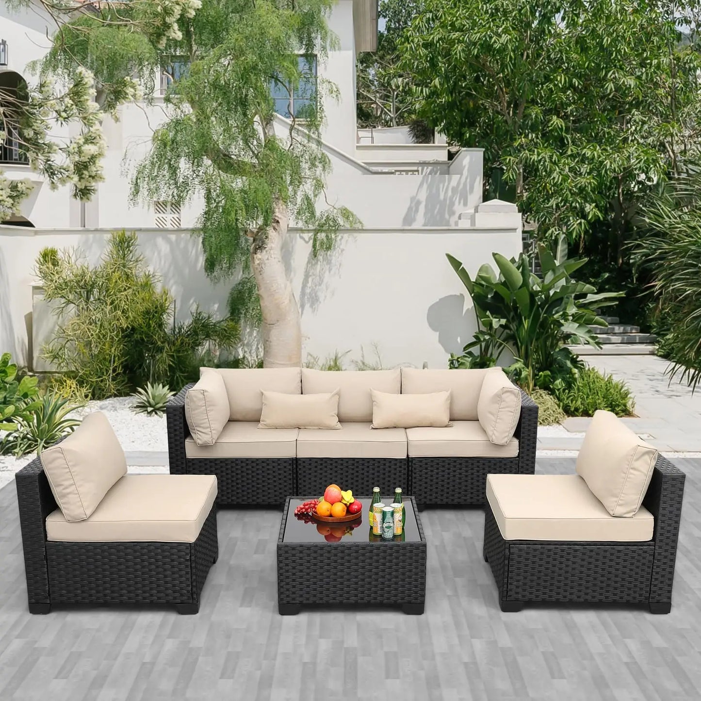 6‑Piece All‑Weather Rattan Patio Sectional – Wicker Outdoor Furniture Set with Cushions, Glass Table & Protective Cover