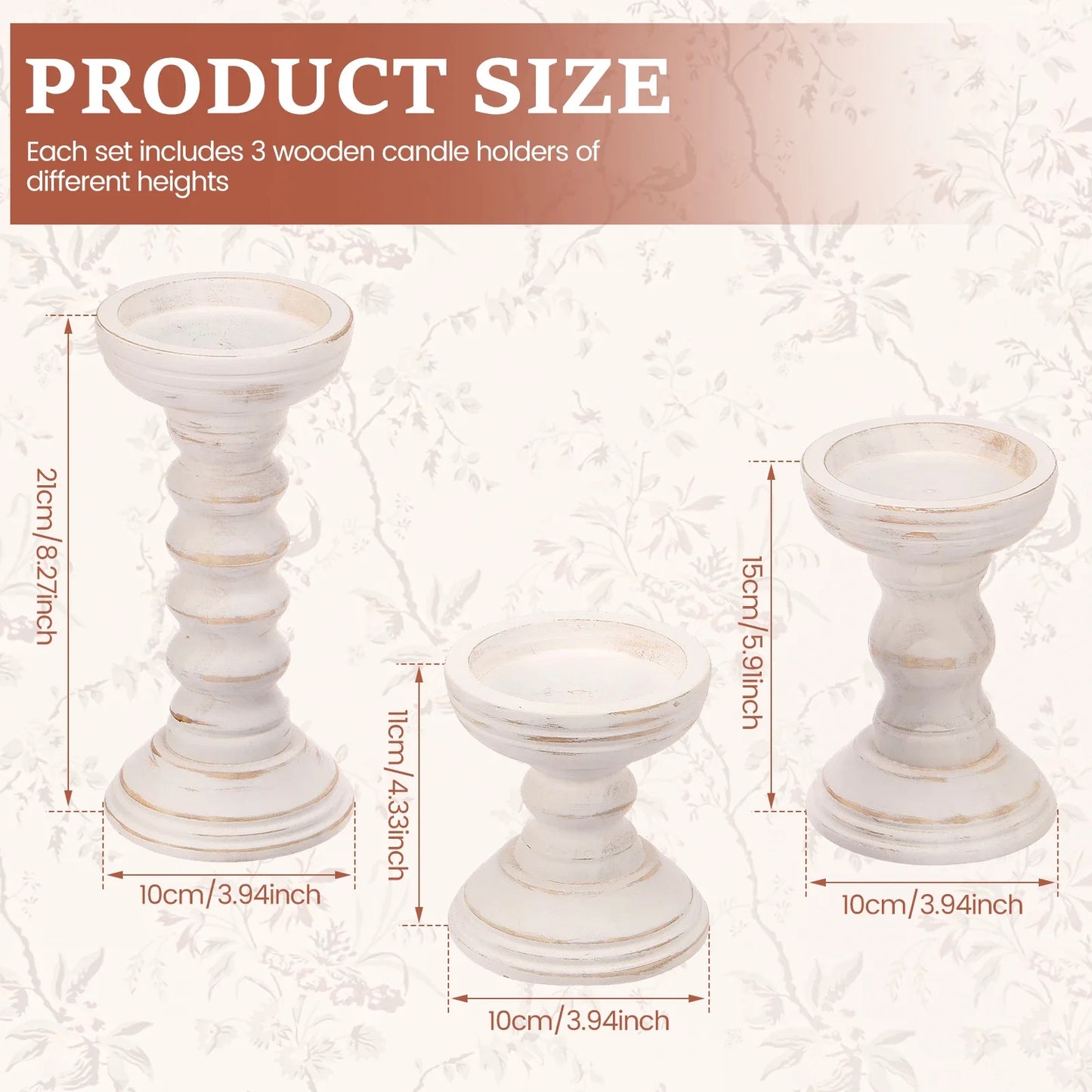 Whitewashed Wooden Pillar Holders – Vintage Carved Candle Stands (Set of 3)