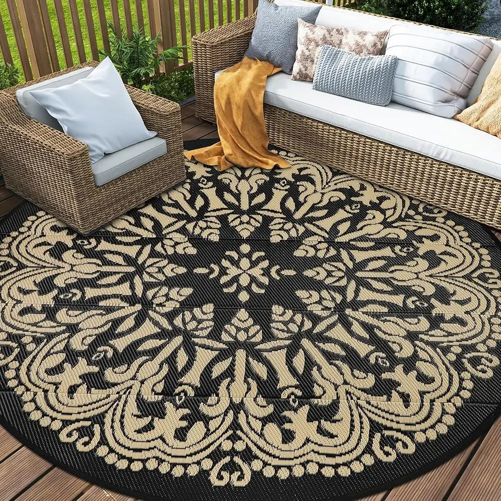 8ft Round Outdoor Patio Rug, Reversible,Lightweight