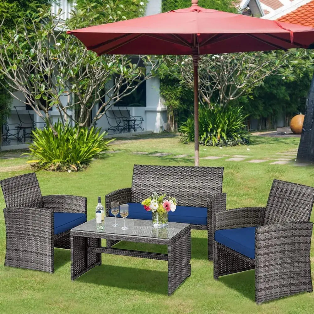 4 Piece Wicker Patio Furniture Set with Soft Cushions Tempered Glass Coffee Table