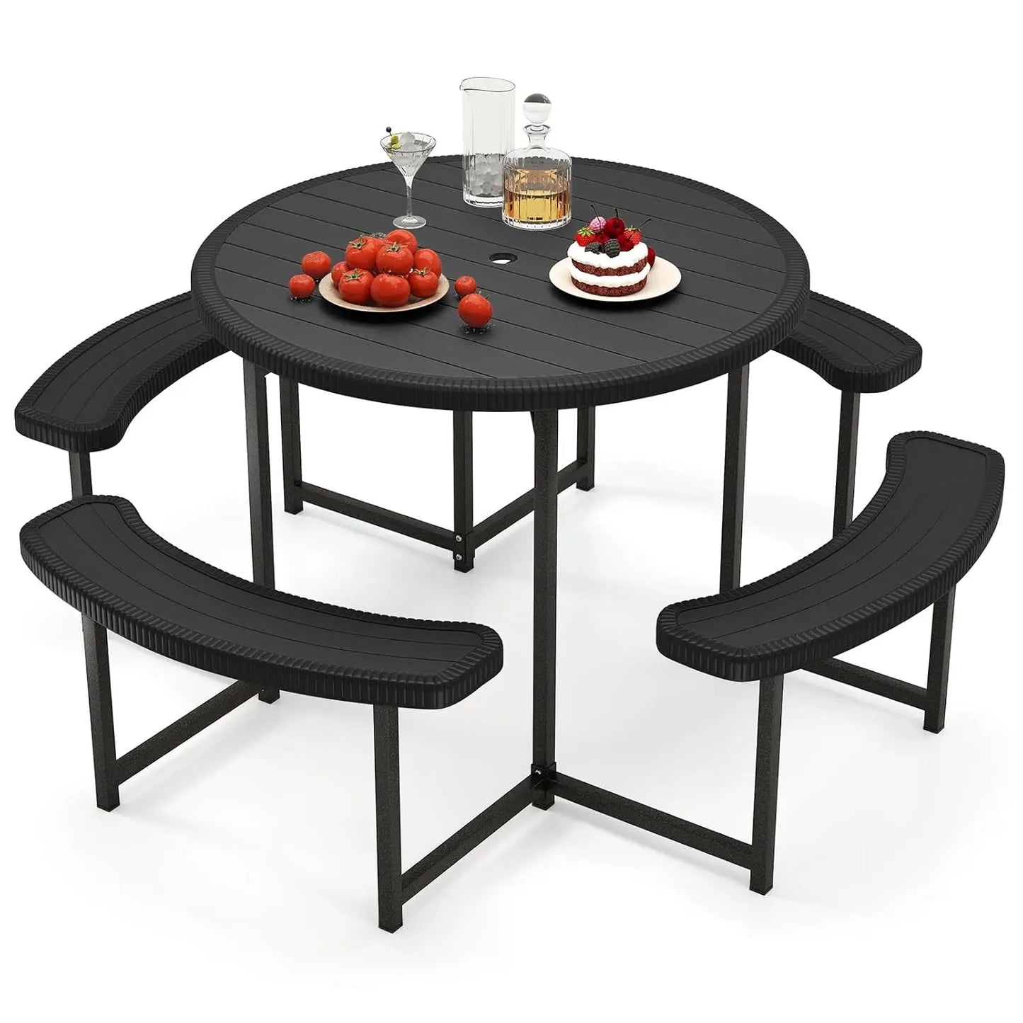 37" Round Picnic Table & Chair Set – Seats 4–8, Outdoor Table with Umbrella Holes