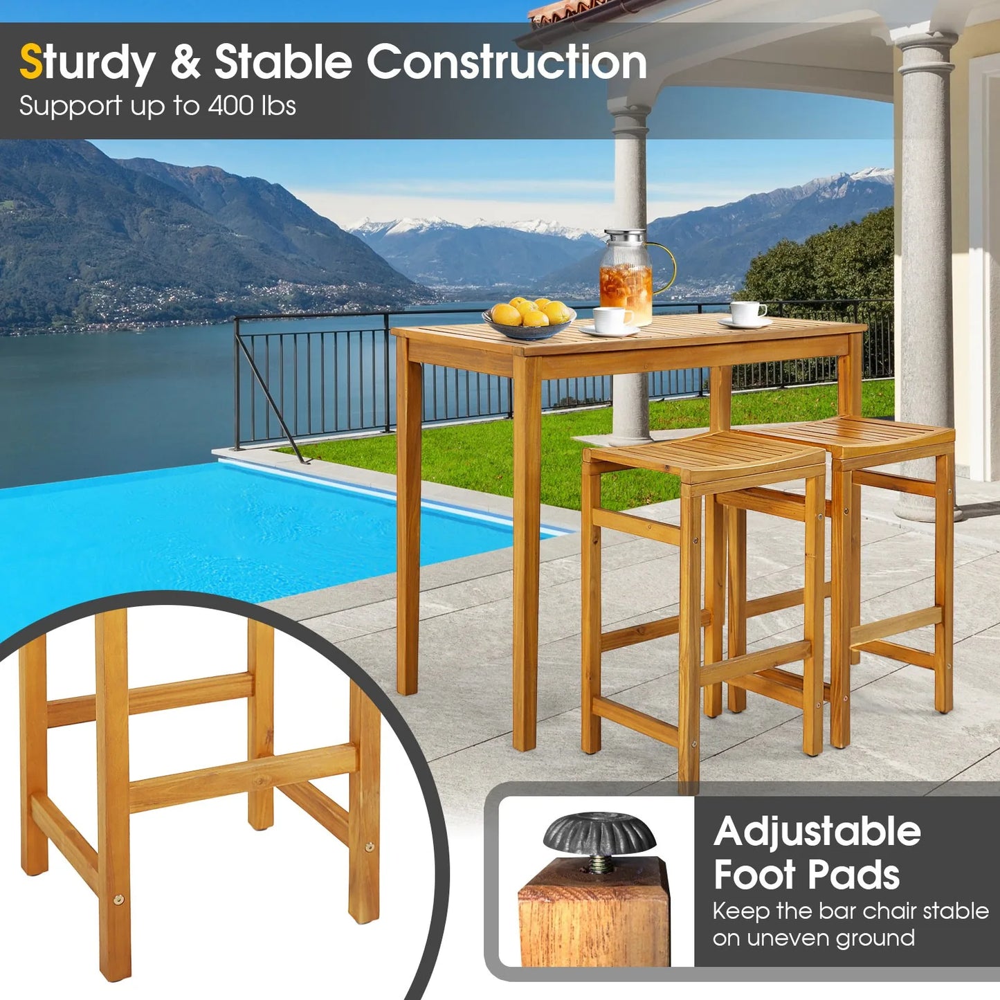 Set of 2 Acacia Wood Bar Stool 30-Inch Height