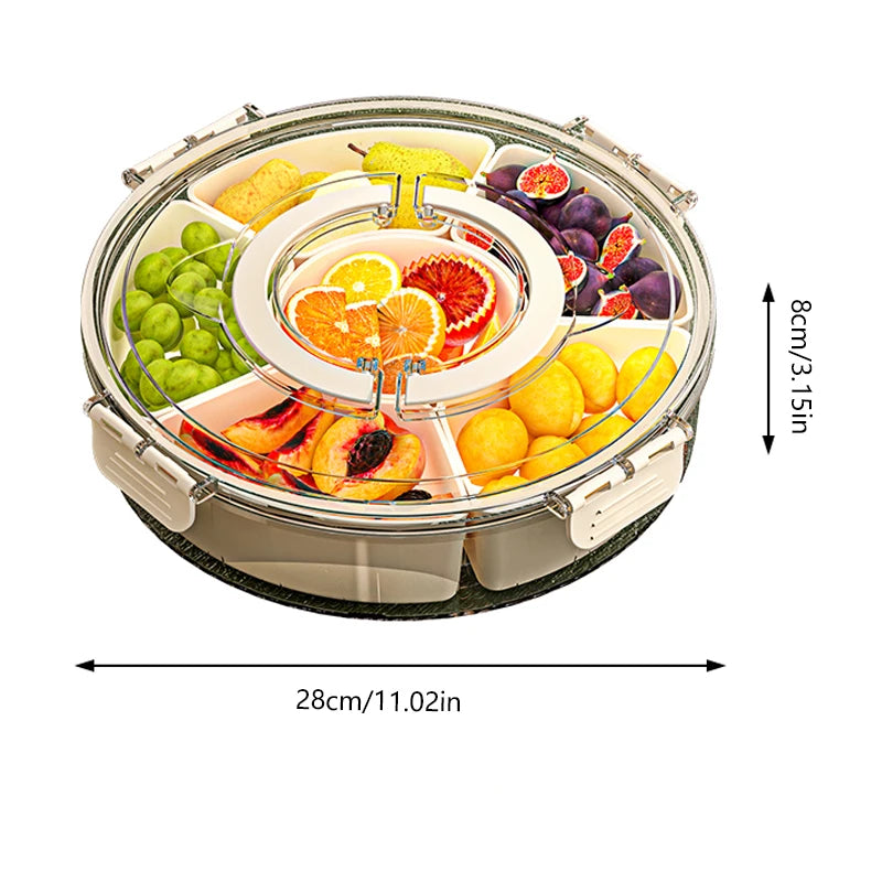 Multi Compartment Round tray with Clear Lid and Handle and Dividers, Rotating Serving Tray