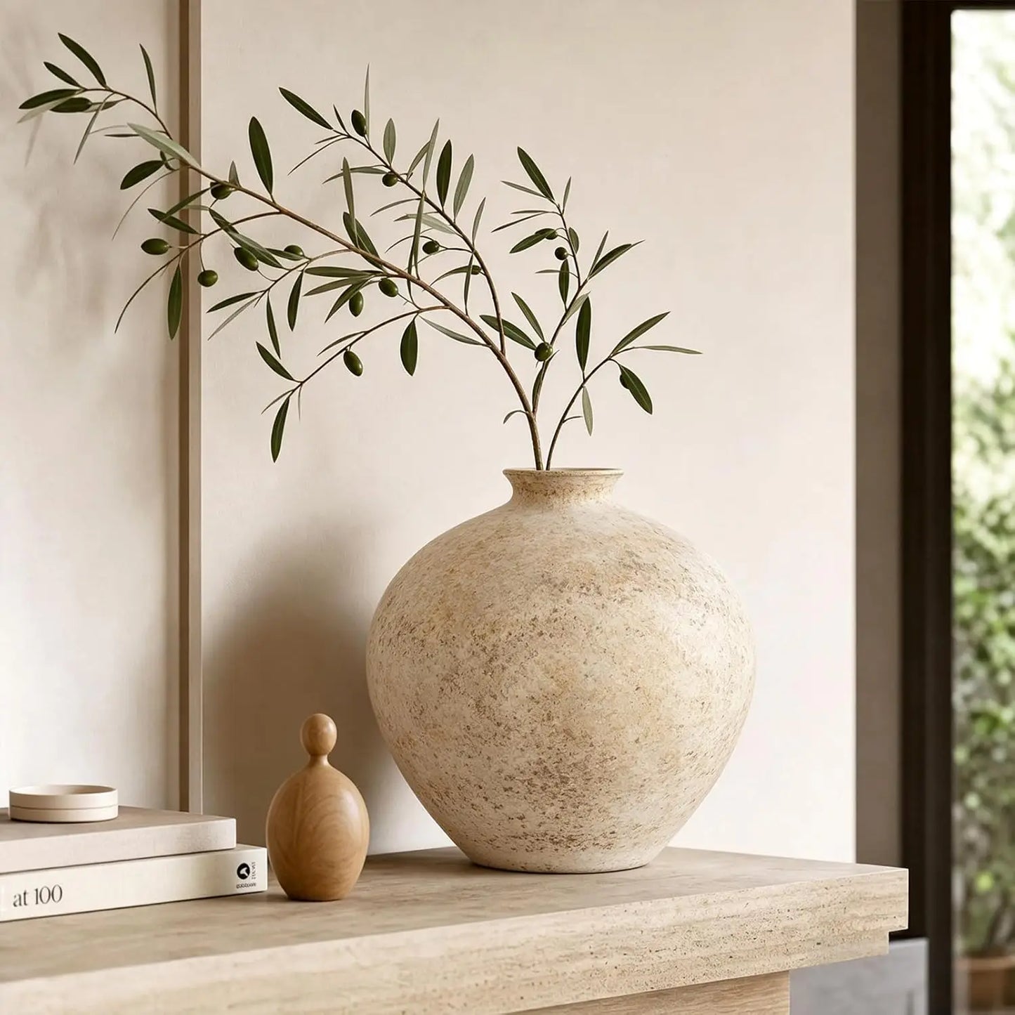 9.5" Rustic Ceramic Vase – Distressed Textured Beige Pottery Vase for Pampas Grass, Flowers & Home Décor