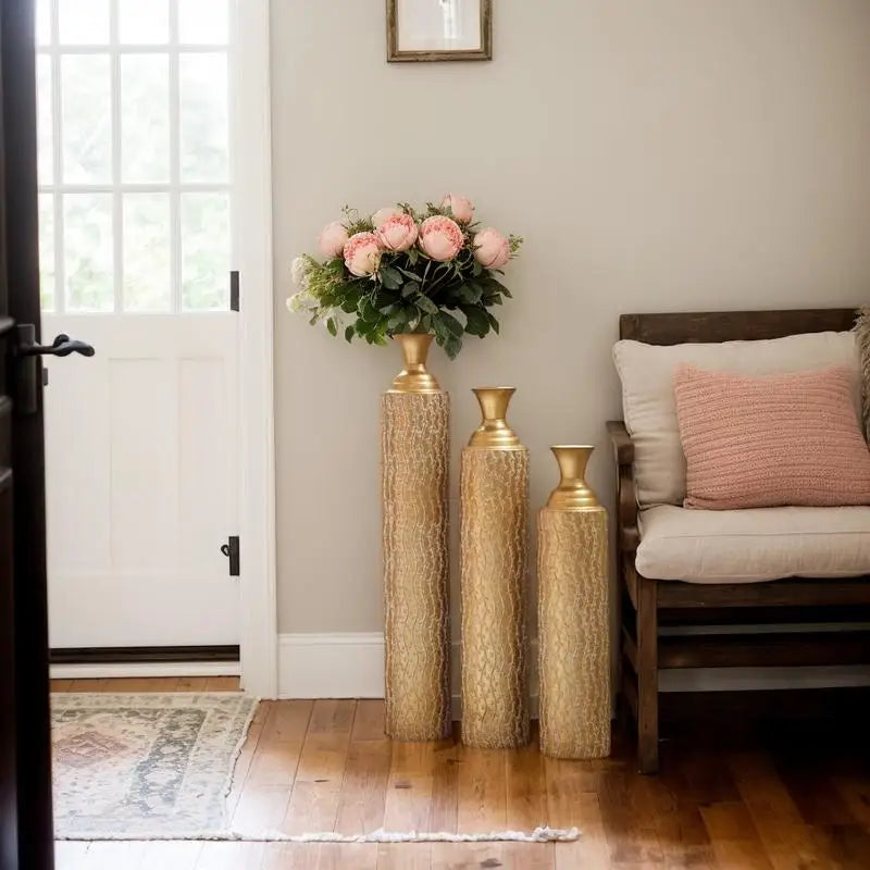 Set of 3 Metal Decorative Vases with Distressed Gold Finish and Vine Patterns, Heights 34", 29", 25" for Home Decoration
