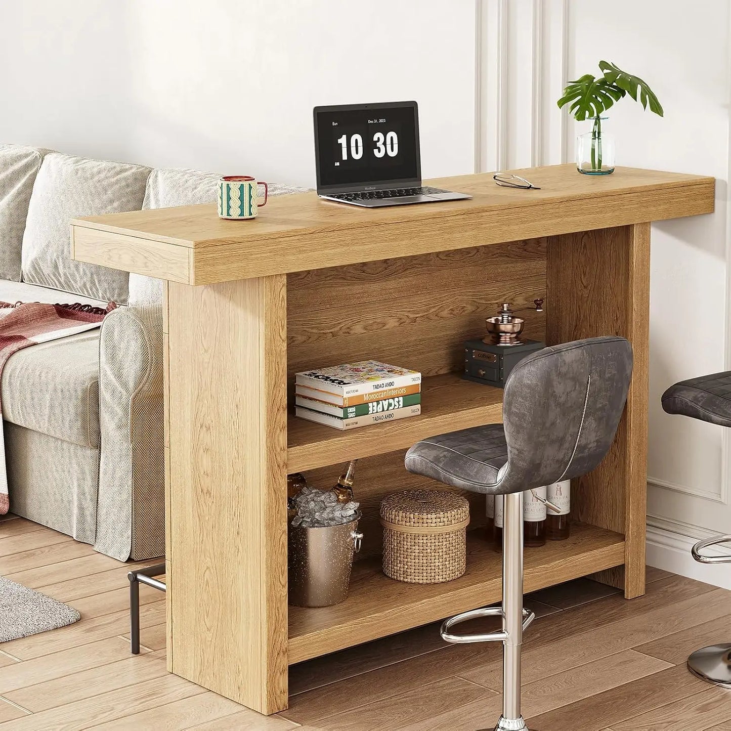 63-Inch Bar Table, 2-Tier Wooden Home Bar Unit with Black Footrest