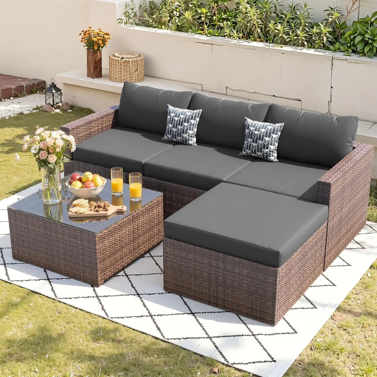 5 Piece Patio Furniture Set, All-Weather Wicker, L Shaped