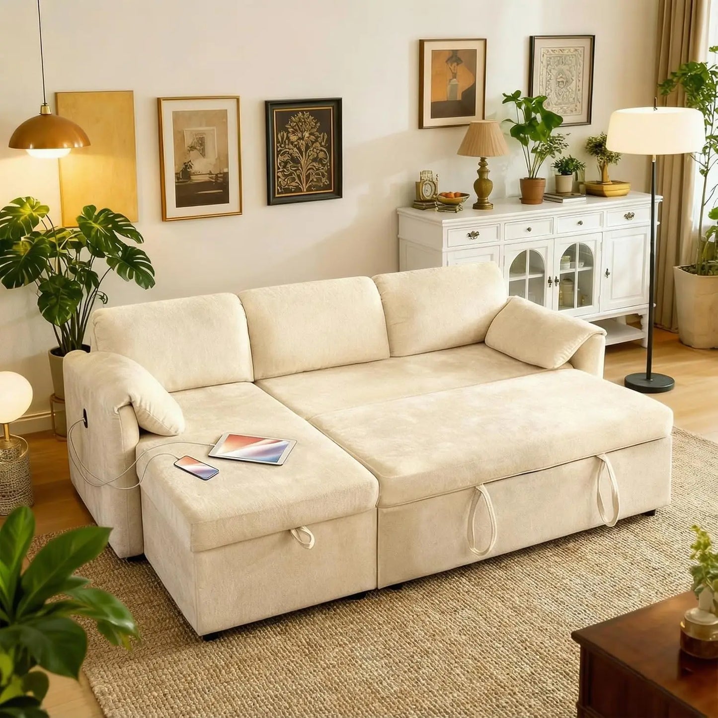 83'' Pull Out Sofa, 3 in 1 Sleeper with USB & Storage Chaise