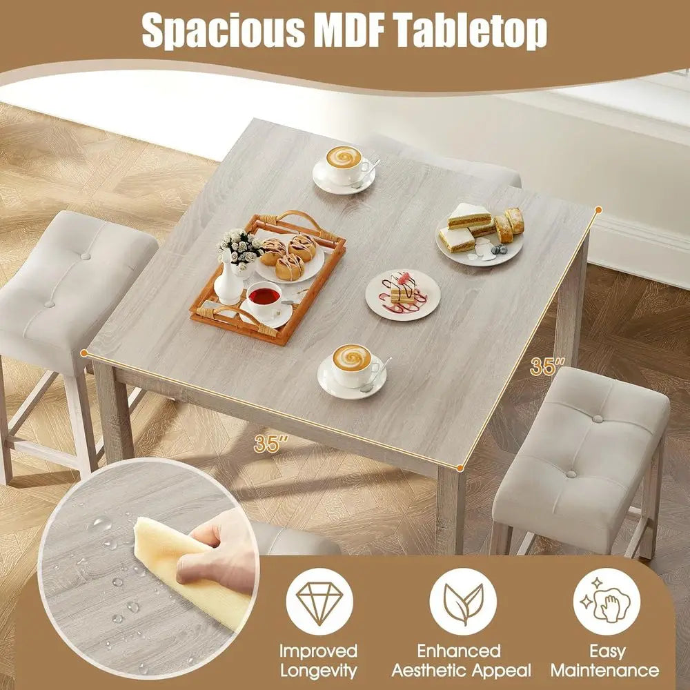 5-Piece Bar Table Set with Square Breakfast Table and Padded Stools