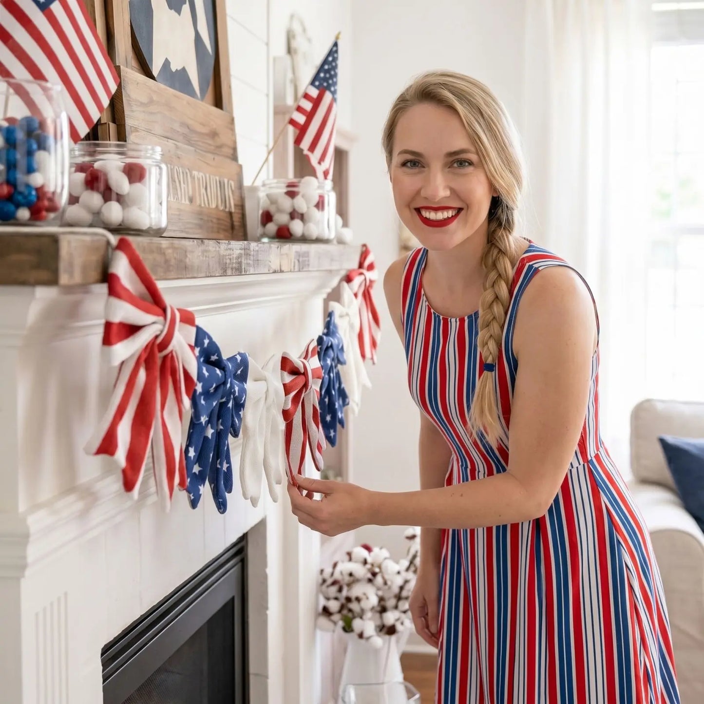 Independence Day Patriotic Bow Garland with Star and Stripe Pattern Decorative Hanging Bows for Party Decor