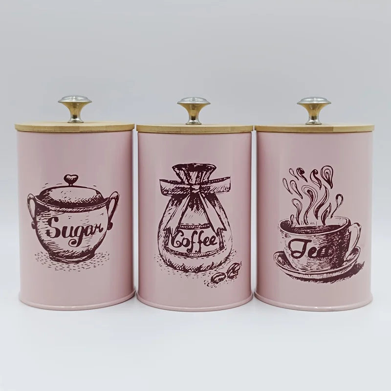 3Pcs Canister Set for Kitchen Counter, Coffee Sugar Tea Canister, Metal Vintage Kitchen Containers