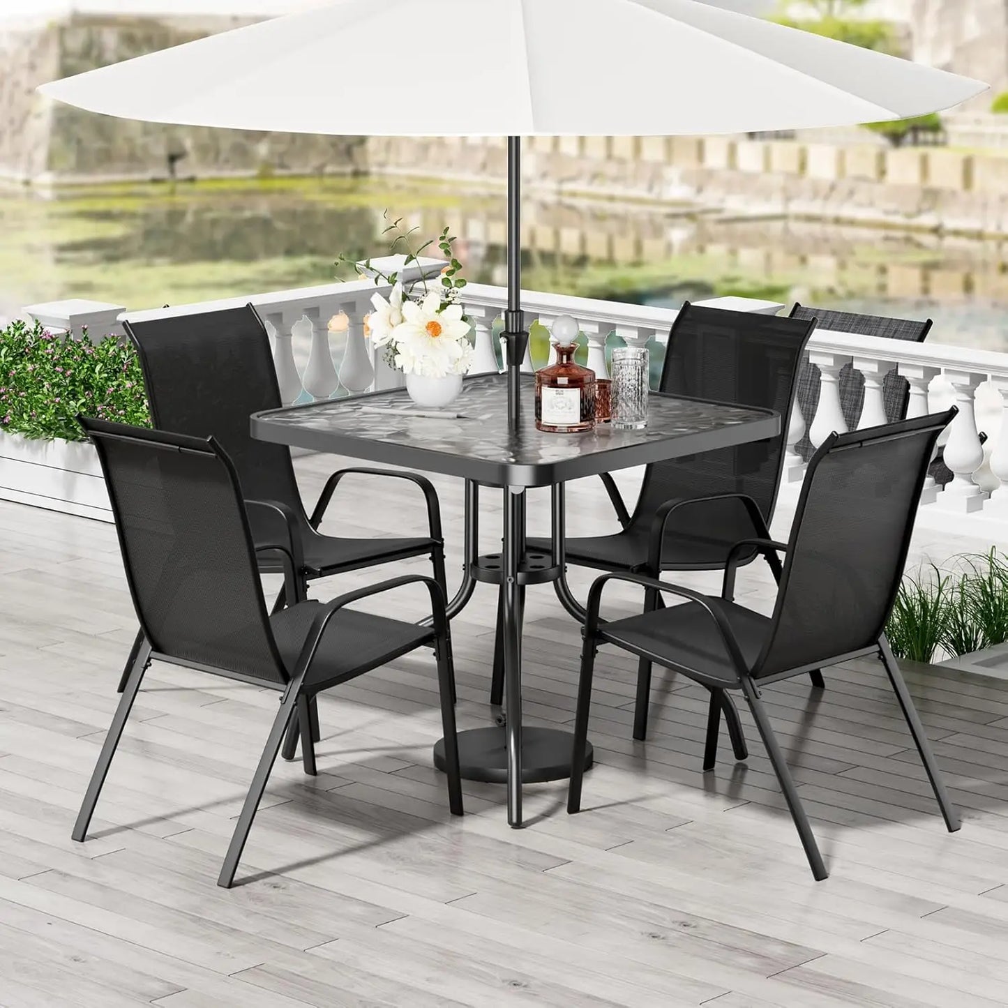 5‑Piece Patio Dining Set – All‑Weather Metal Furniture with 30"×30" Table & 4 Stackable Chairs